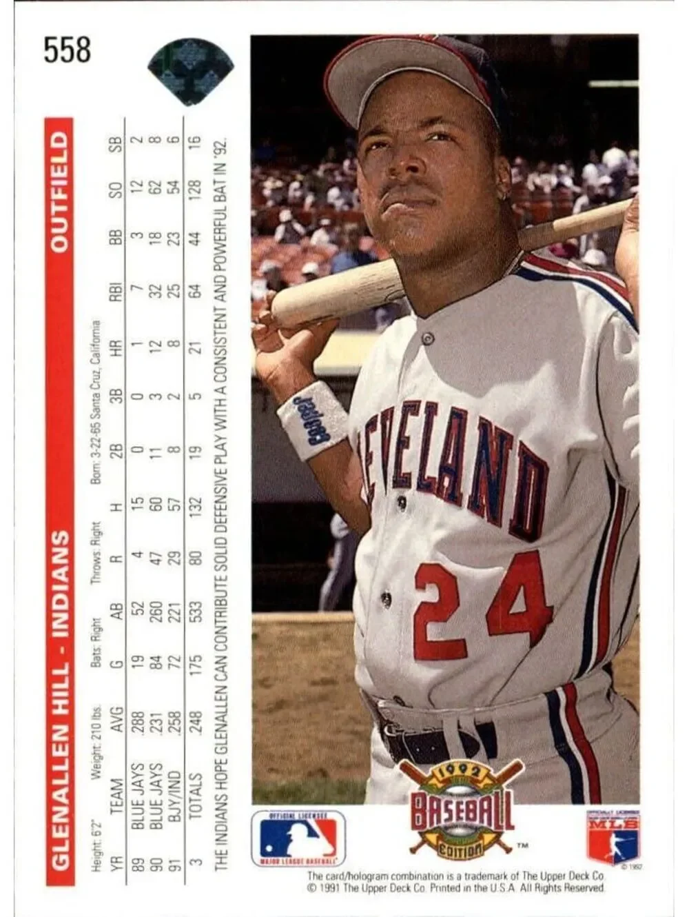 Glenallen Hill 1992 Upper Deck MLB #558 Baseball Card Cleveland Indians